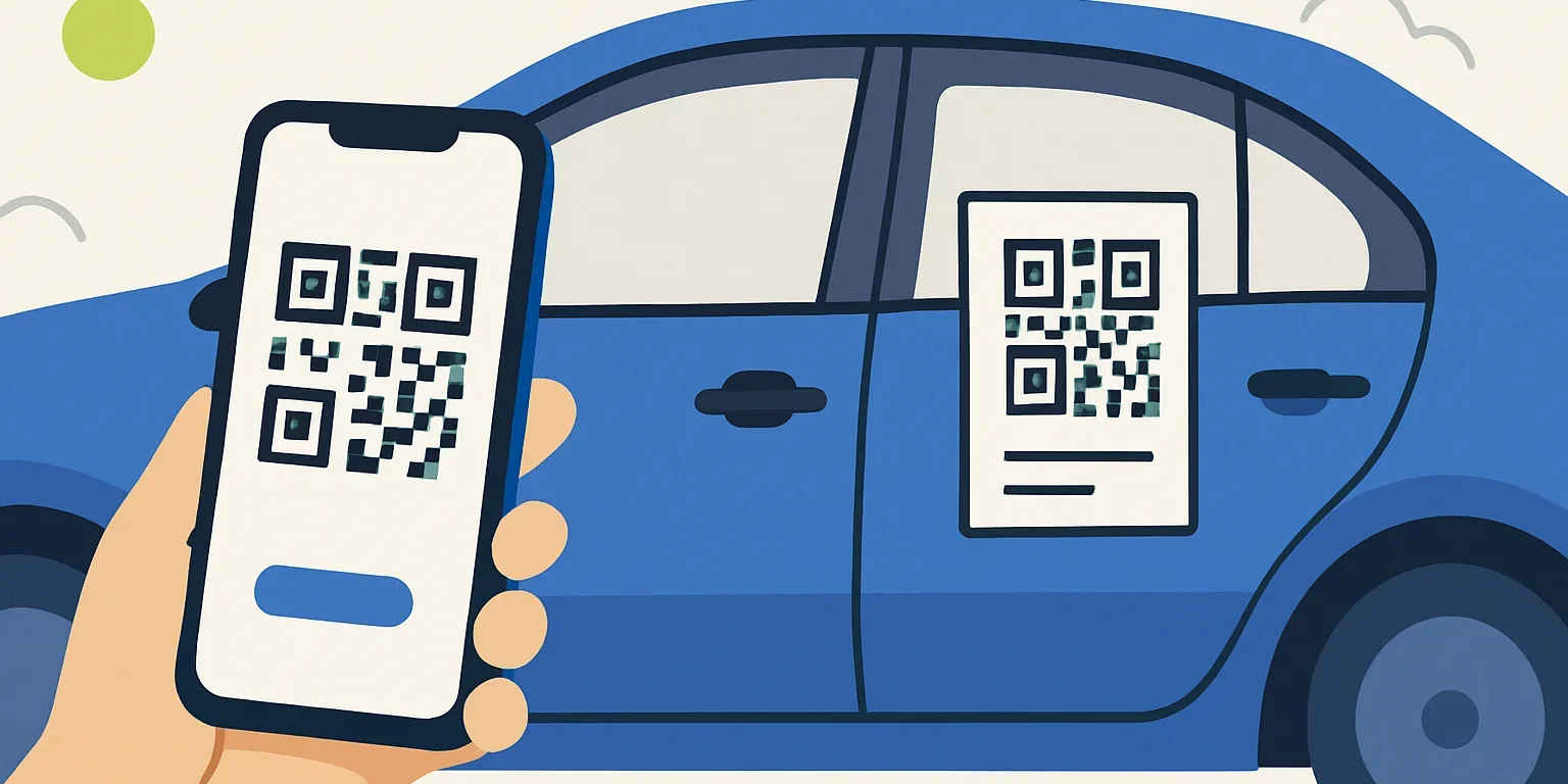 Park edilmiş bir aracın yan camındaki satılık duyurusu üzerinde bulunan QR kodu tarayan telefon