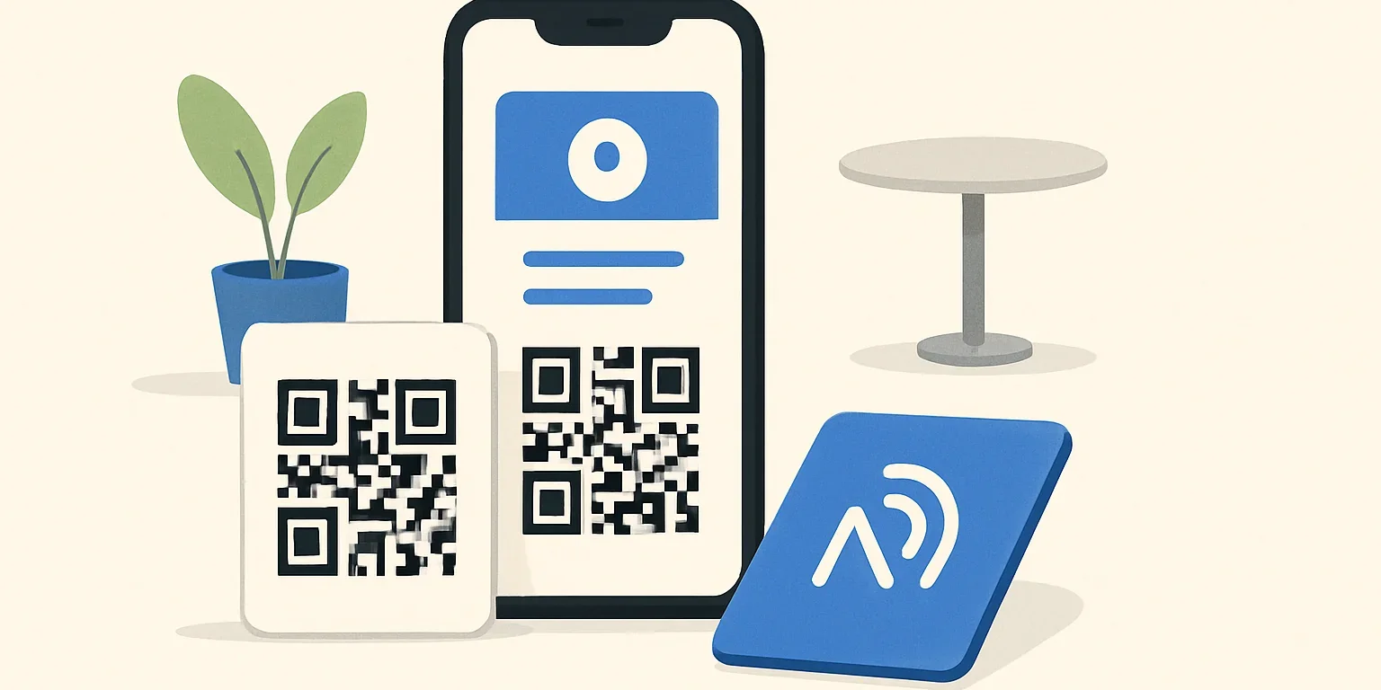 Telefonda açılan dijital kartvizit sayfası, yanında QR kodlu ve NFC özellikli kart