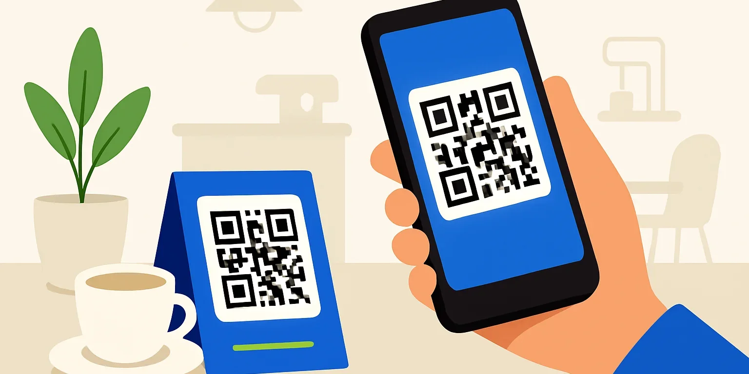 Kafe tezgâhındaki Instagram profil QR kodunu telefon kamerasıyla tarayan müşteri