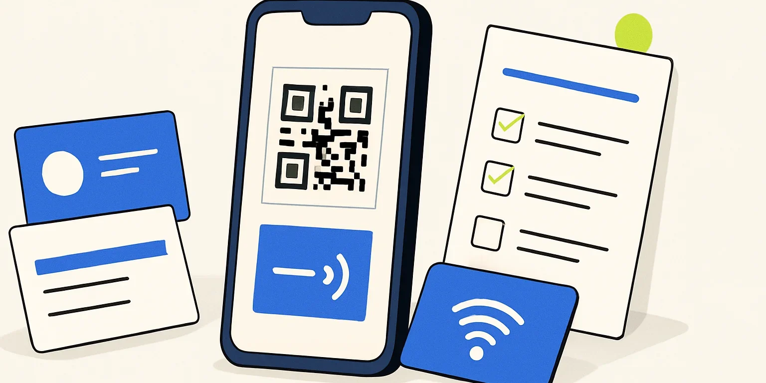 Basılı ve NFC kartvizitlerin yanında fatura bilgilerini inceleyen işletme sahibi