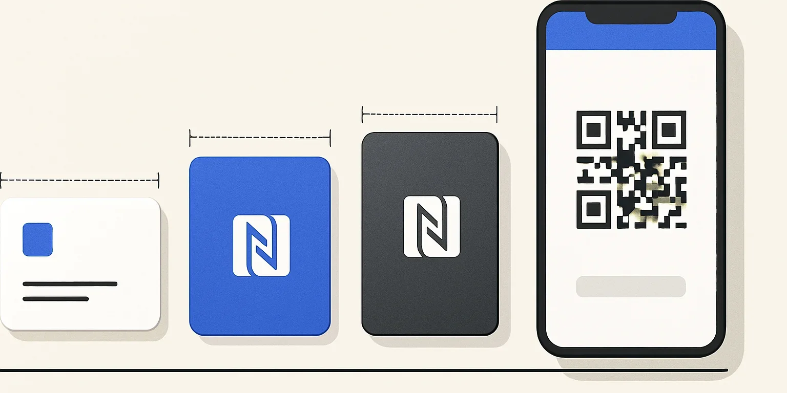 85 × 55 mm kartvizit ile 85,60 × 53,98 mm NFC kartın cetvel yanında boyut karşılaştırması