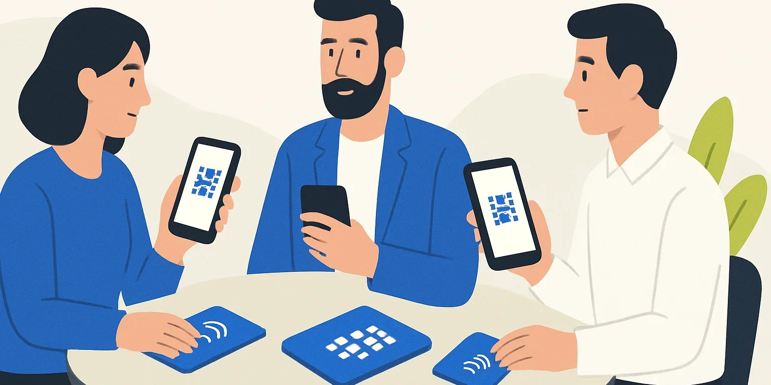 Aynı kurumsal tasarıma sahip, farklı çalışan bilgileri içeren dijital kartvizitlerin telefon ekranlarında görünümü