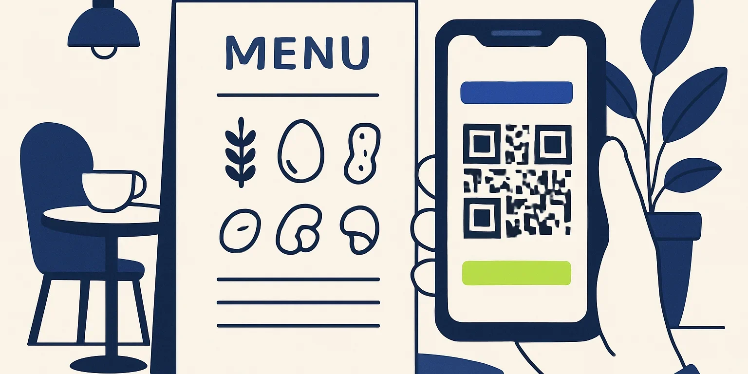 Ürün açıklamalarının yanında süt, yumurta ve susam bilgileri bulunan basılı menü ile telefonda açık QR menü