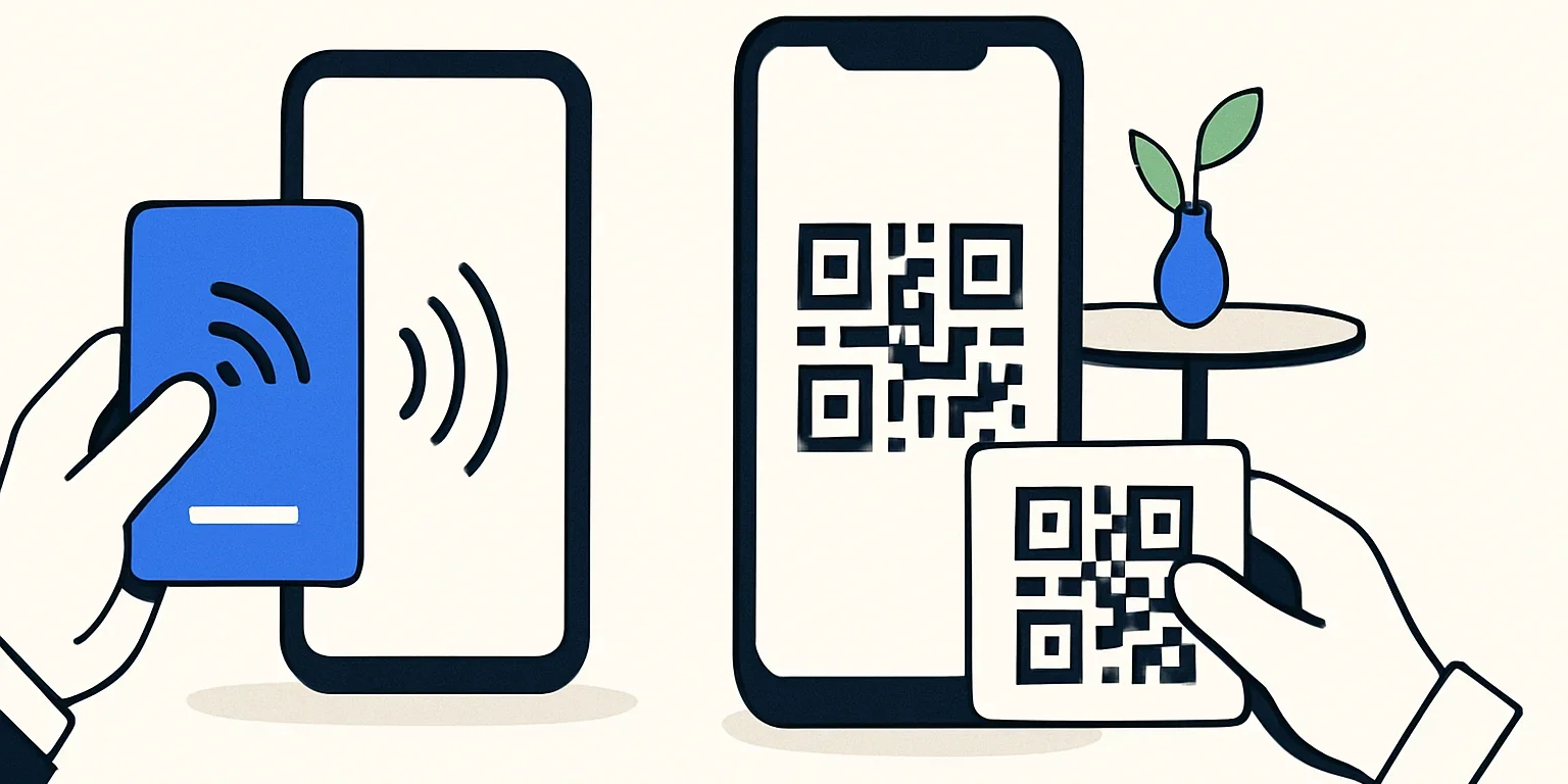 NFC kartını telefona yaklaştırarak ve QR kodunu kamerayla tarayarak dijital kartvizit açma yöntemlerinin karşılaştırması
