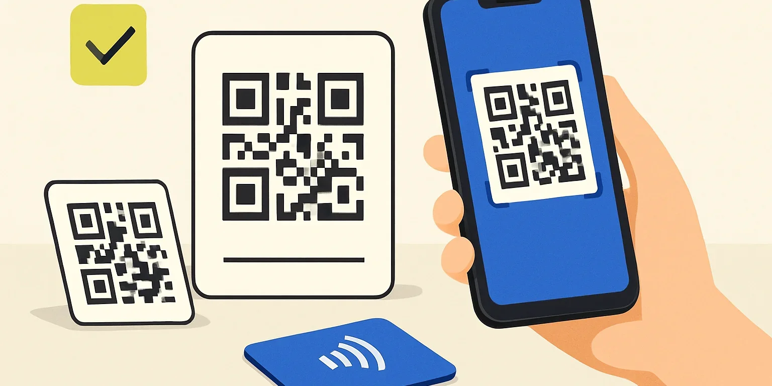 Farklı boyutlarda basılmış QR kodları, kenar boşluğunu ve telefonla tarama mesafesini gösteren karşılaştırma