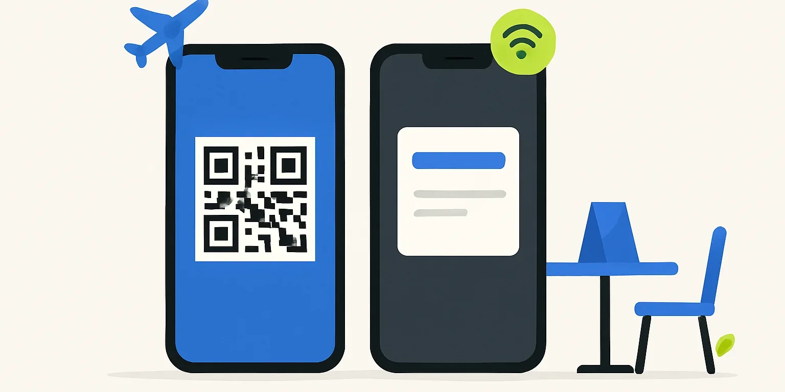 İnternetsiz QR kod taraması ile internet gerektiren web sayfası açılışını karşılaştıran telefon ekranları