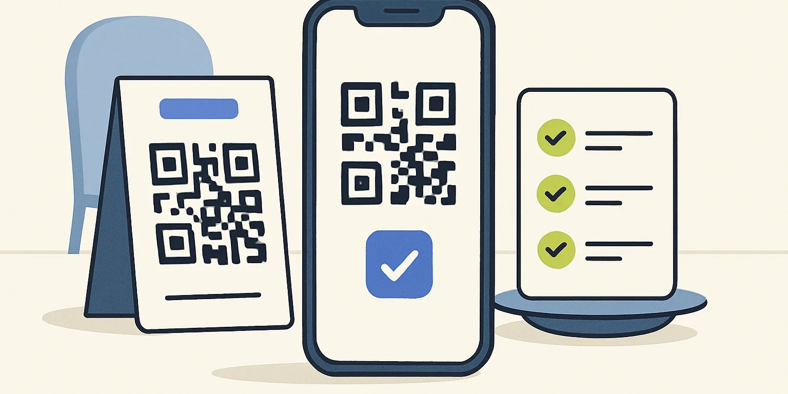 Restoran masasında QR menüyü telefonuyla tarayan ve menü bağlantısını kontrol eden işletme çalışanı