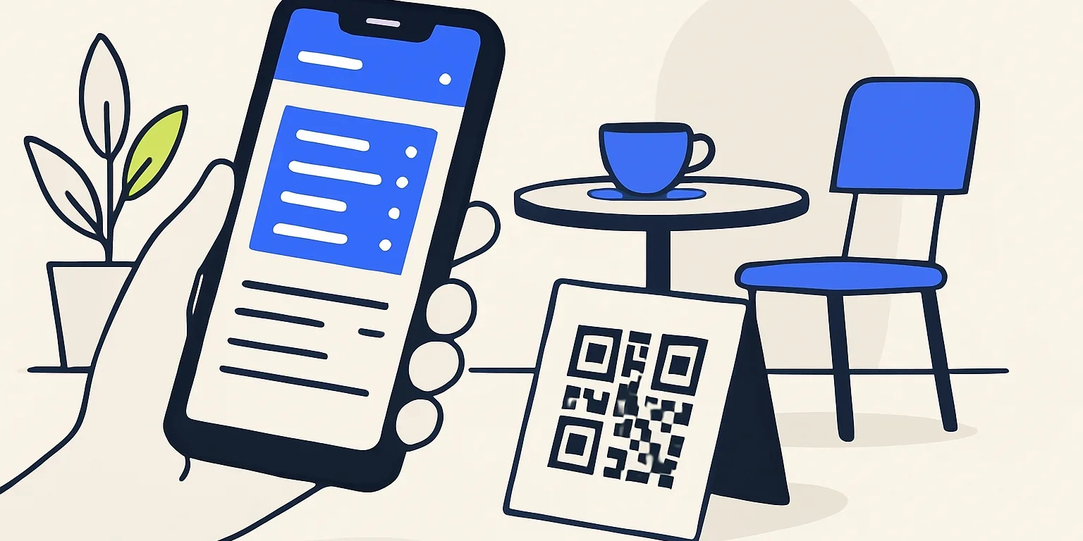 Kafe masasında QR menüyü telefonuyla açan müşteri ve yanında duran menü kartı