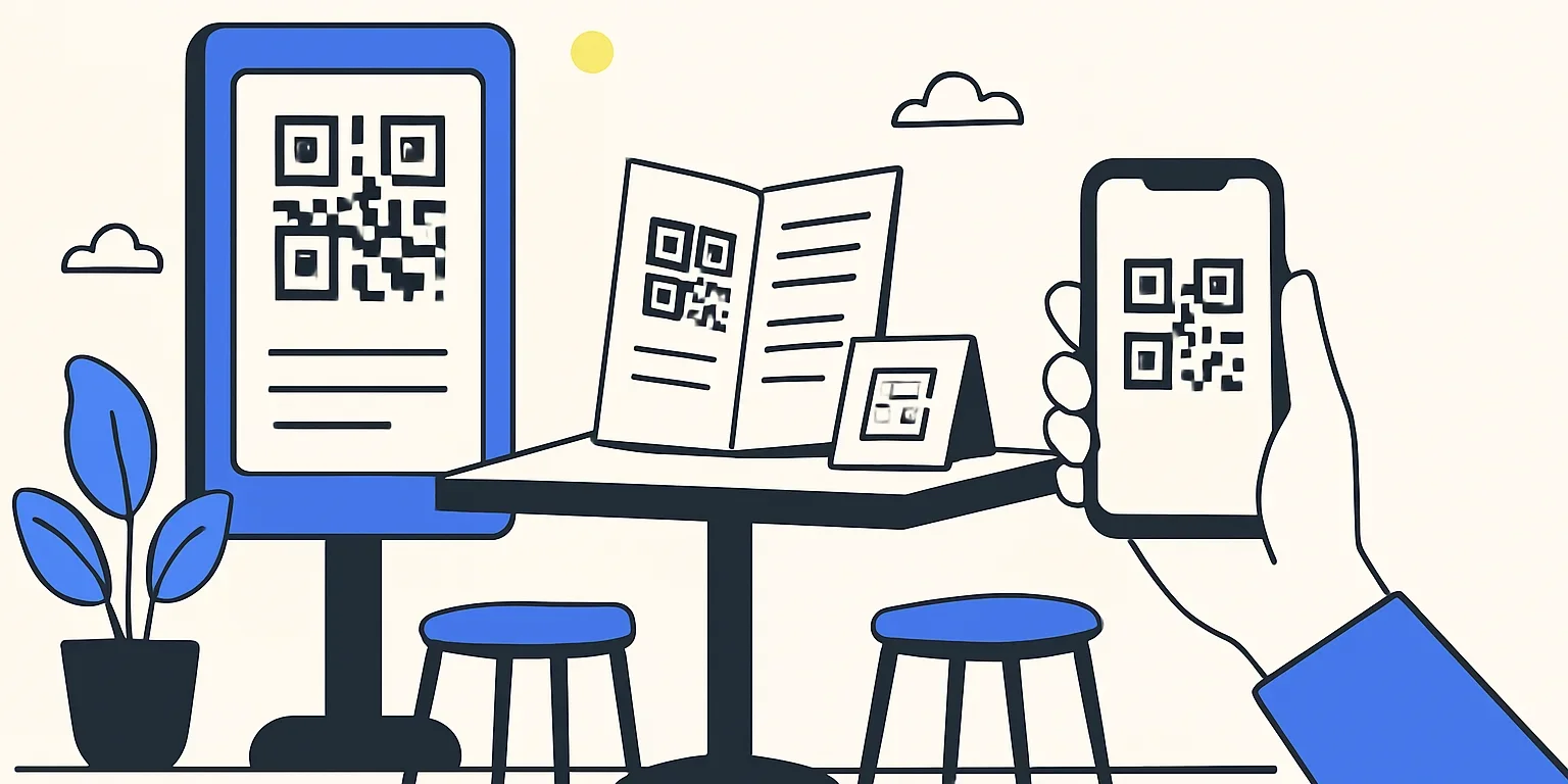 Restoran girişindeki fiyat listesi, masada basılı menü ve QR kodu inceleyen müşteri