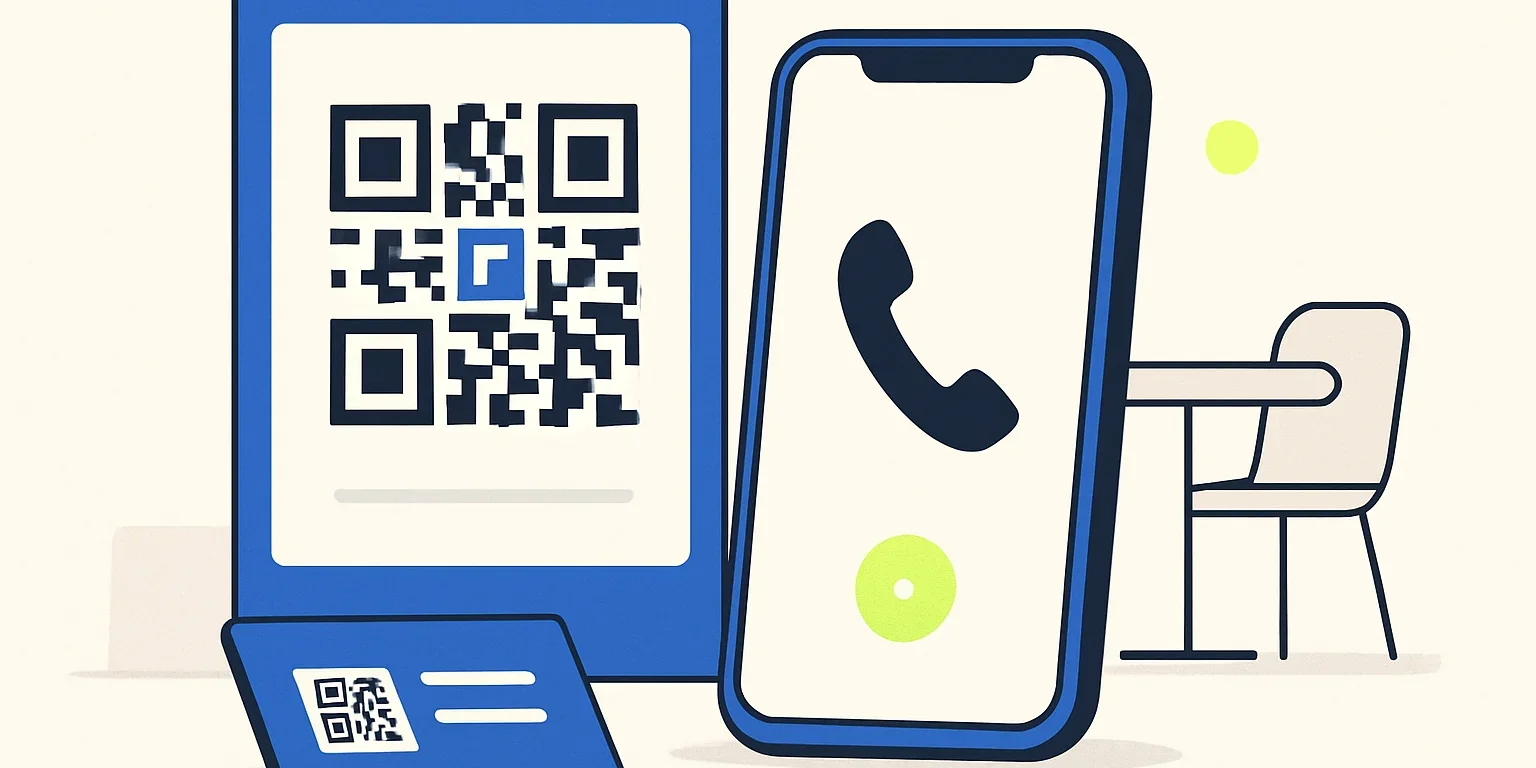 İşletme afişindeki arama amaçlı QR kodu tarayan ve telefon ekranında numarayı görüntüleyen kişi
