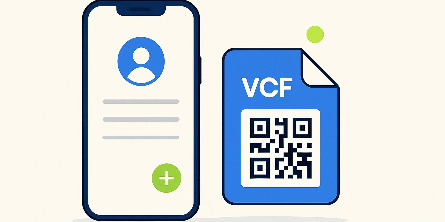 Telefonda açılan VCF kişi kartı ve yanında ad, telefon, e-posta alanları bulunan vCard dosyası