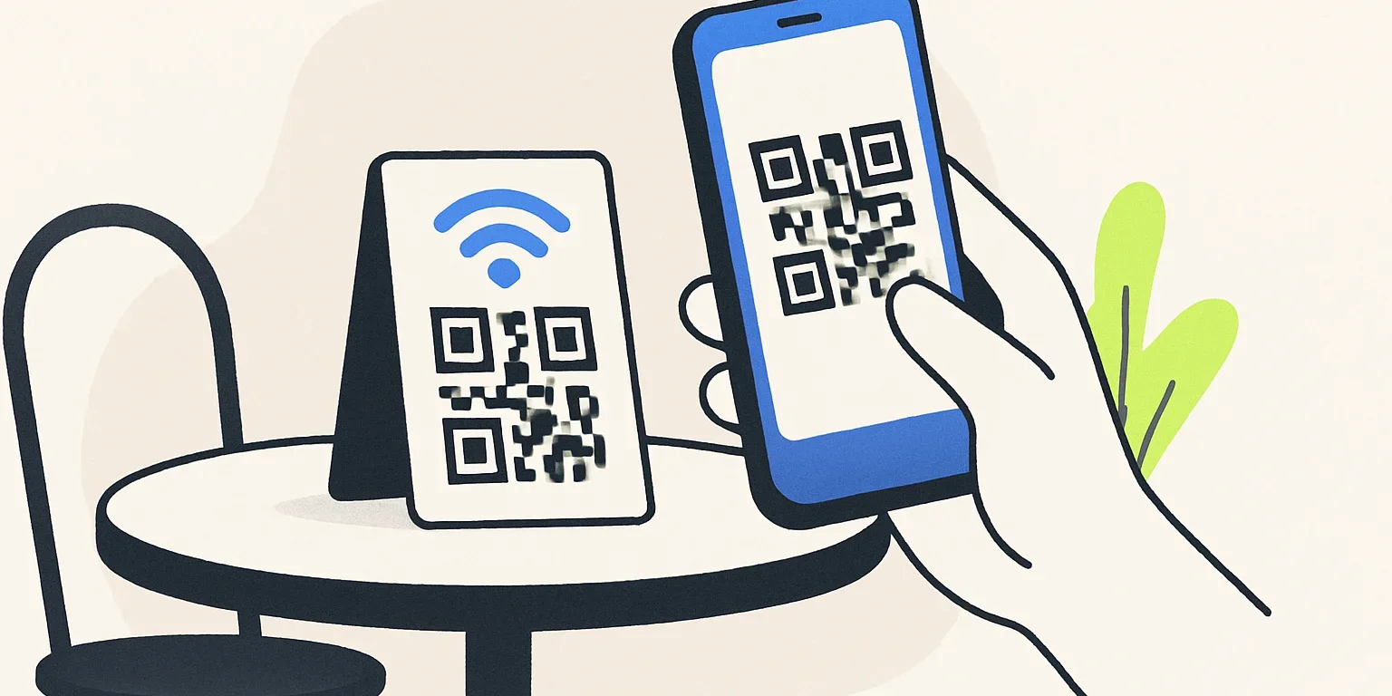Kafedeki misafir ağına bağlanmak için masa üzerindeki WiFi QR kodunu telefonuyla tarayan kişi
